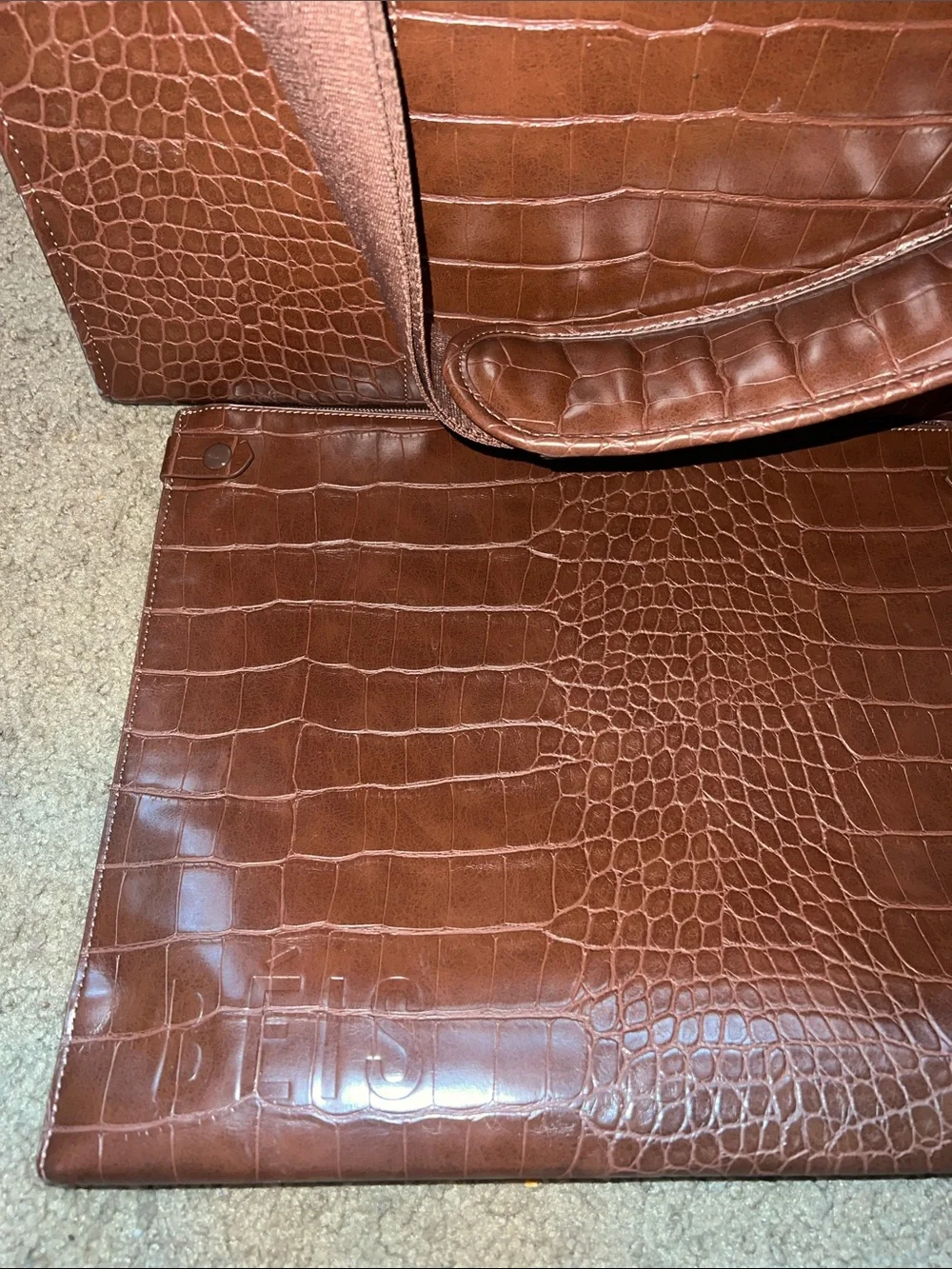 BEIS Croc-Embossed Travel Tote in Brown Leather Finish